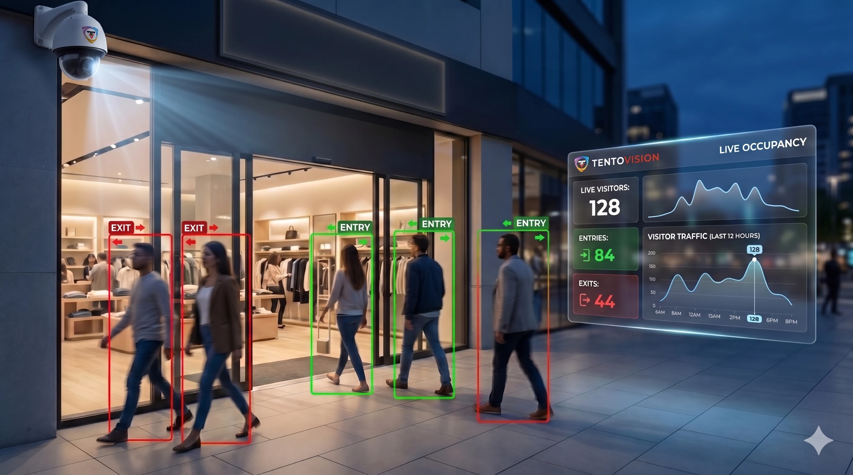 Tentosoft people counting software detecting visitors at a retail entrance with live footfall dashboard